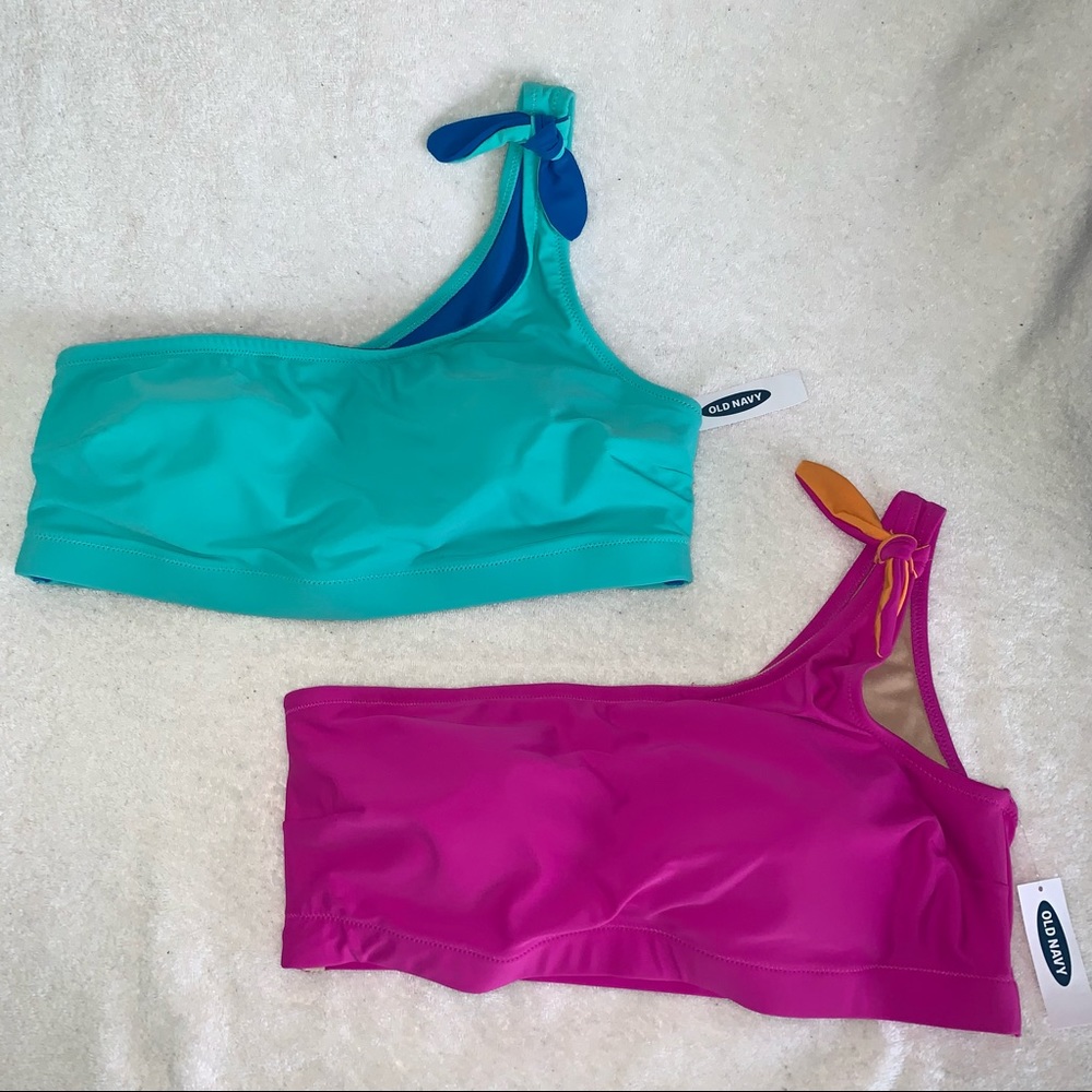 Women’s L OLD NAVY Single Shoulder Tie Swimsuit Tops Mint/Royal & Pink/Orange